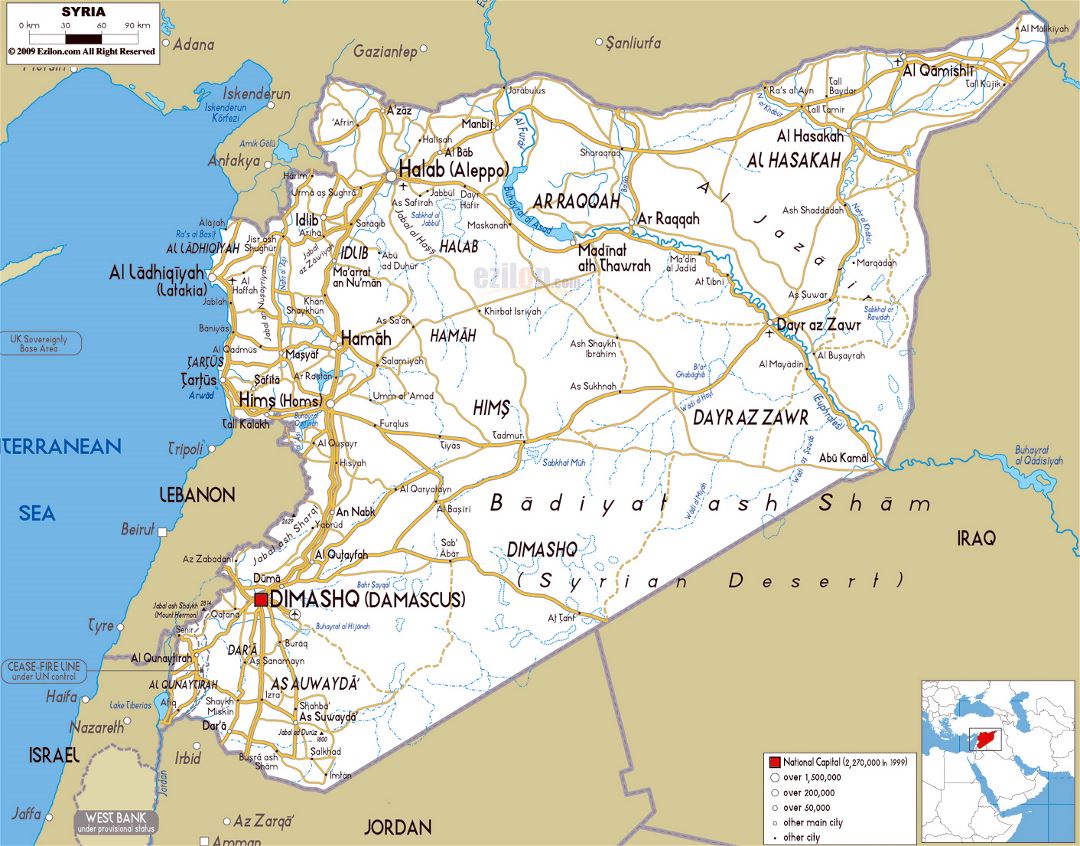 Grande mapa de carreteras de Siria con ciudades y aeropuertos