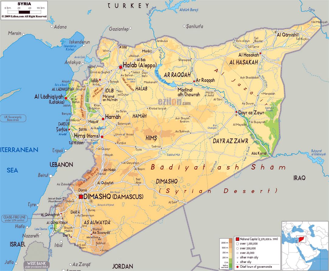 Grande mapa físico de Siria con carreteras, ciudades y aeropuertos