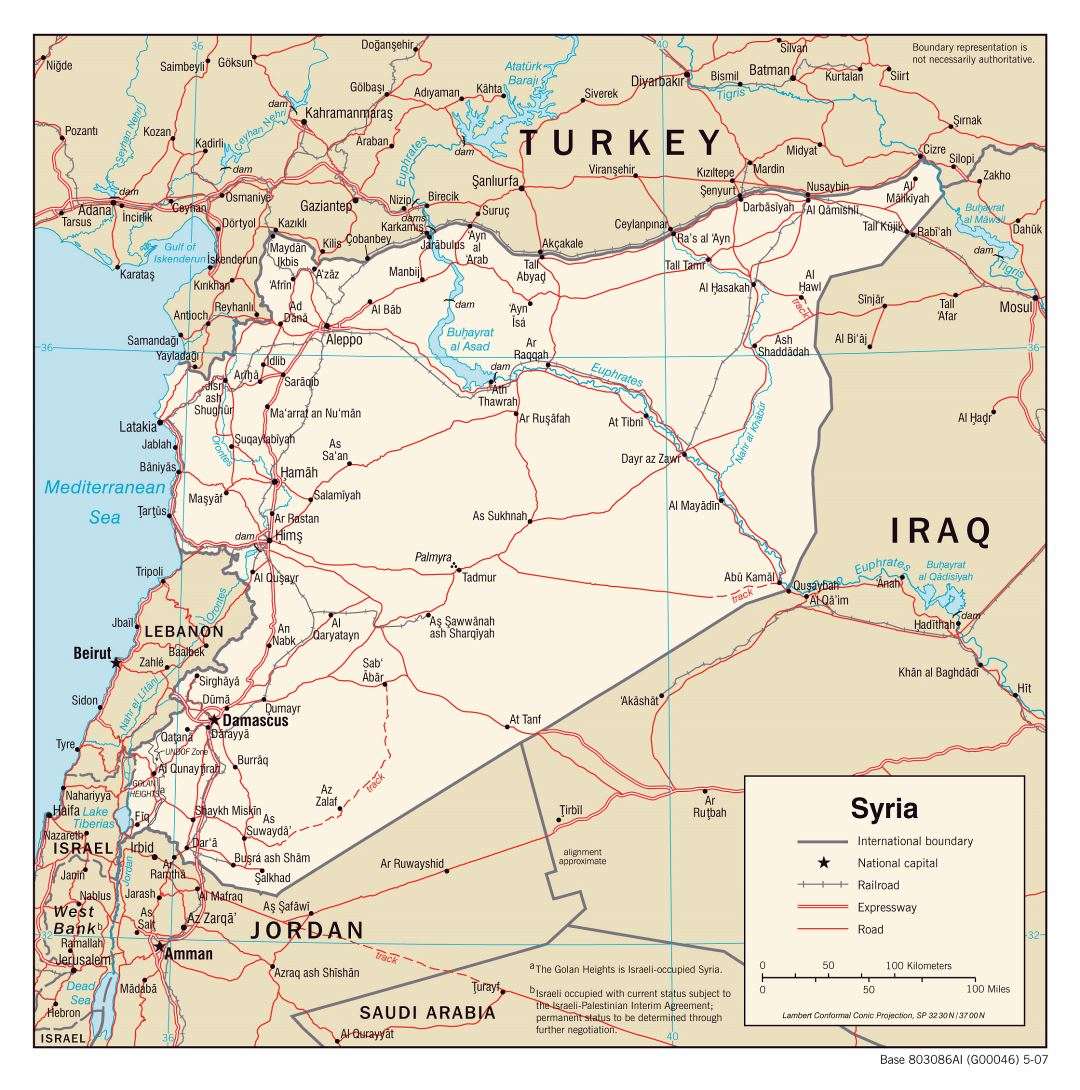 Grande mapa político de Siria con carreteras, ferrocarriles y ciudades - 2007