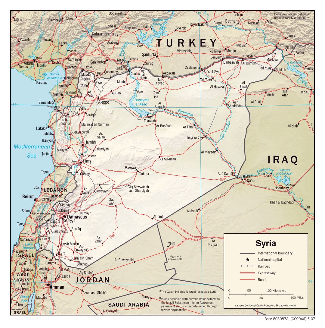 Grande mapa político de Siria con socorro, carreteras, ferrocarriles y ciudades - 2007