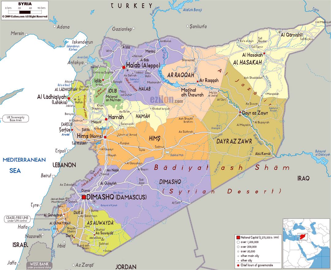 Grande mapa político y administrativo de Siria con carreteras, ciudades y aeropuertos