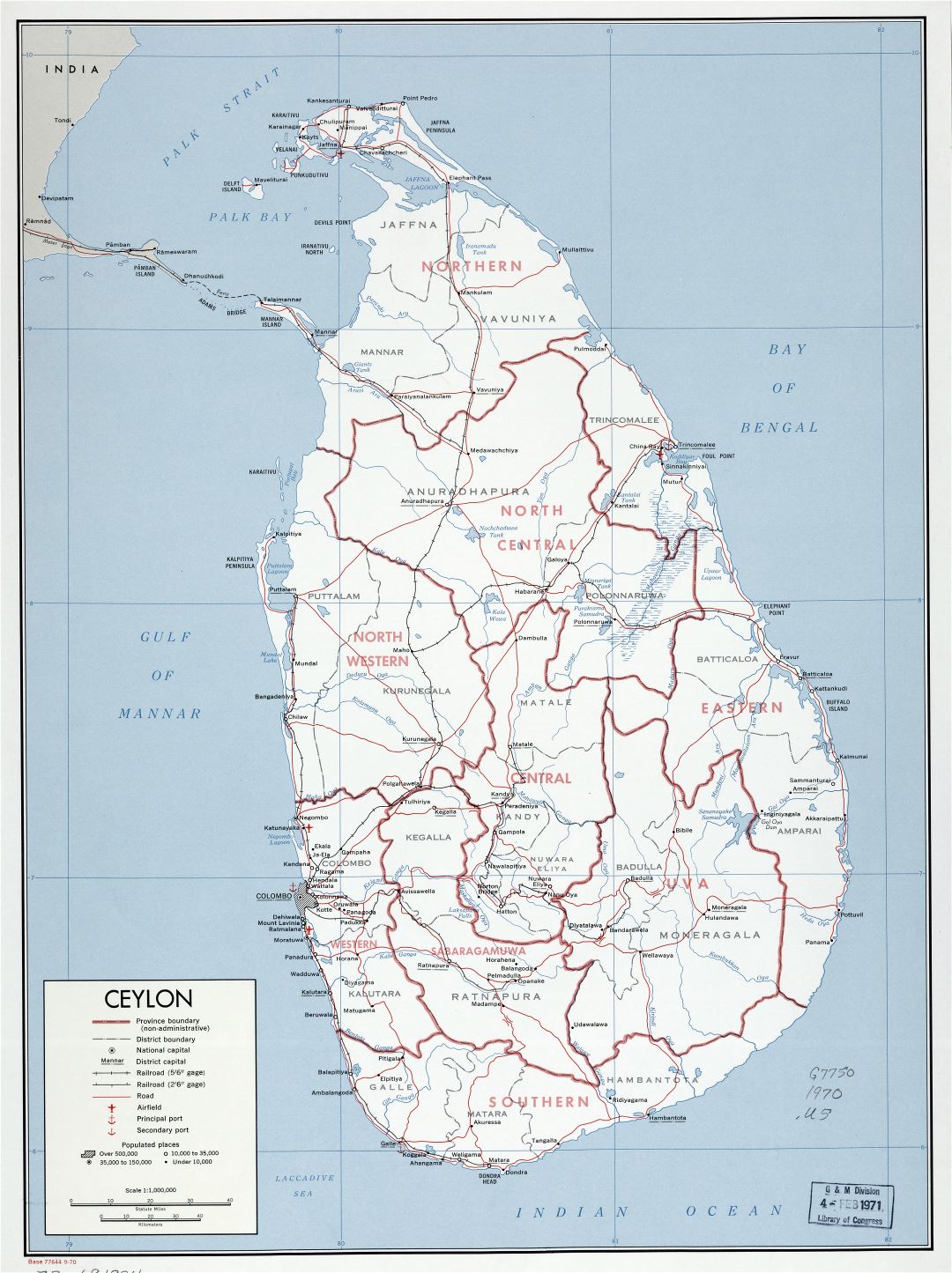 A gran escala detallado mapa político y administrativo de Sri Lanka, Ceilán con carreteras, ferrocarriles, puertos, aeropuertos y ciudades - 1970