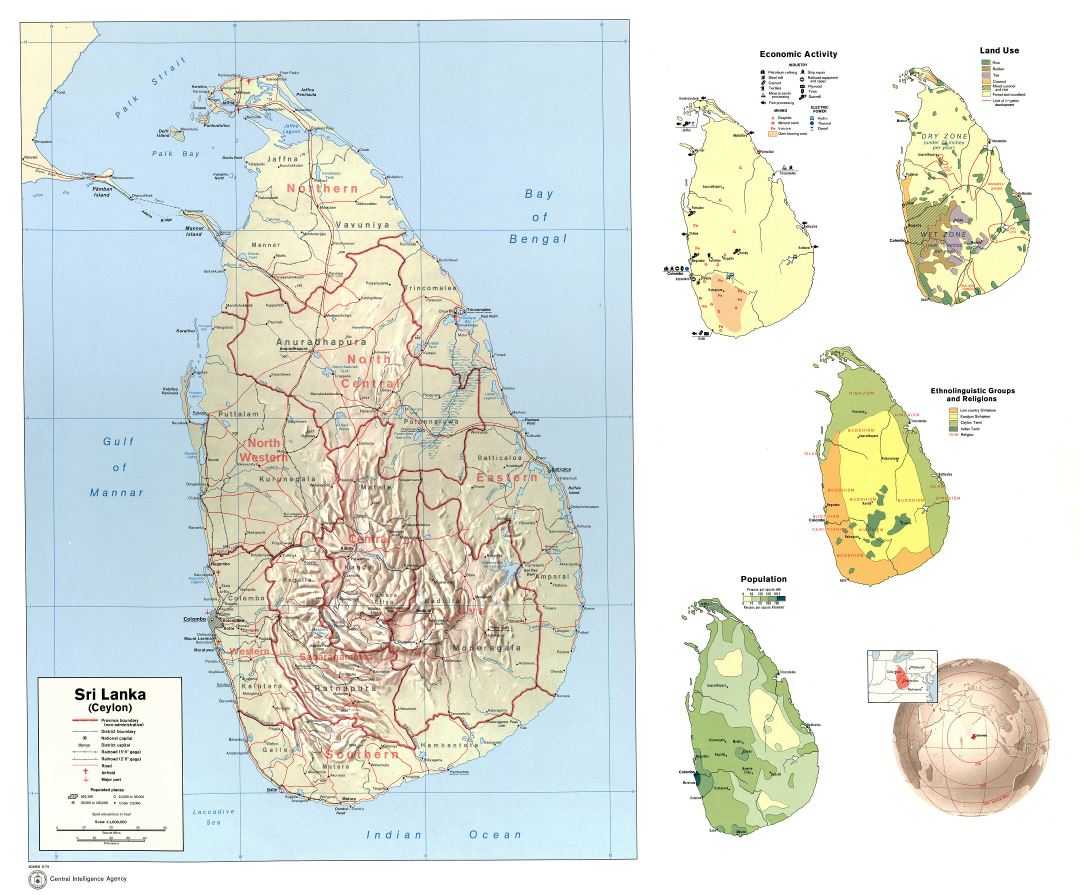 A gran escala mapa del perfil del país de Sri Lanka - 1974
