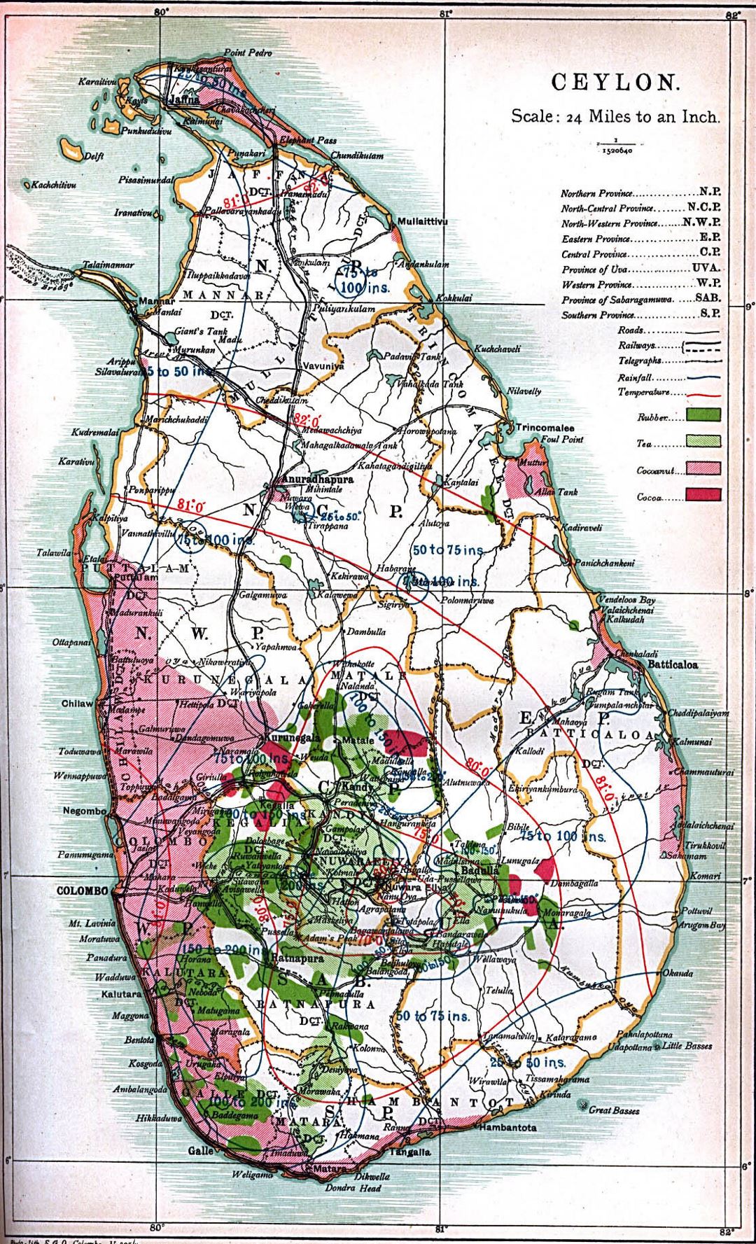 Detallado mapa antiguo de Ceilán (Sri Lanka) - 1914