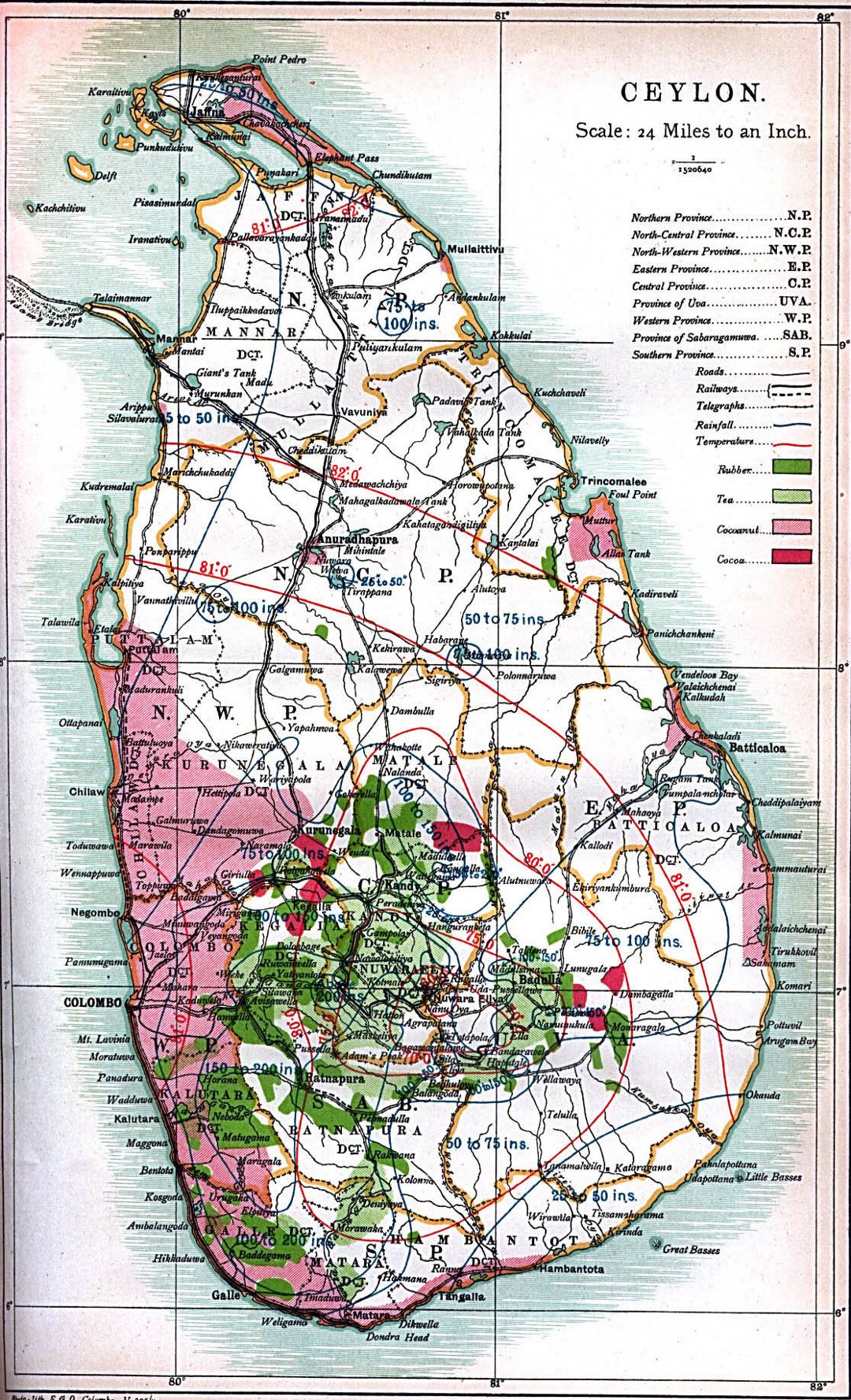 Detallado mapa antiguo de Ceilán (Sri Lanka) - 1914
