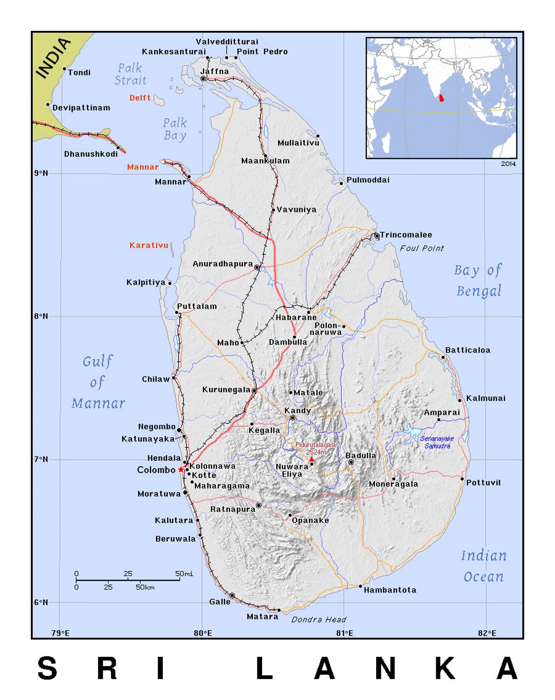 Detallado mapa político de Sri Lanka con relieve