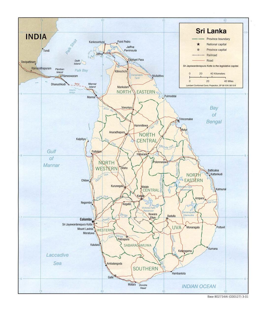 Detallado mapa político y administrativo de Sri Lanka con carreteras, ferrocarriles y principales ciudades - 2001