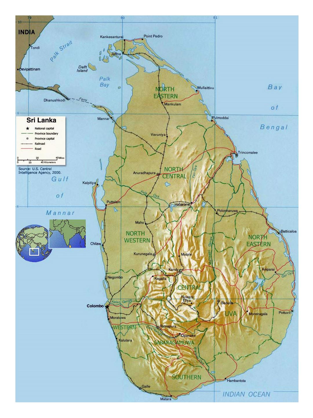 Detallado mapa político y administrativo de Sri Lanka con socorro, carreteras, ferrocarriles y principales ciudades