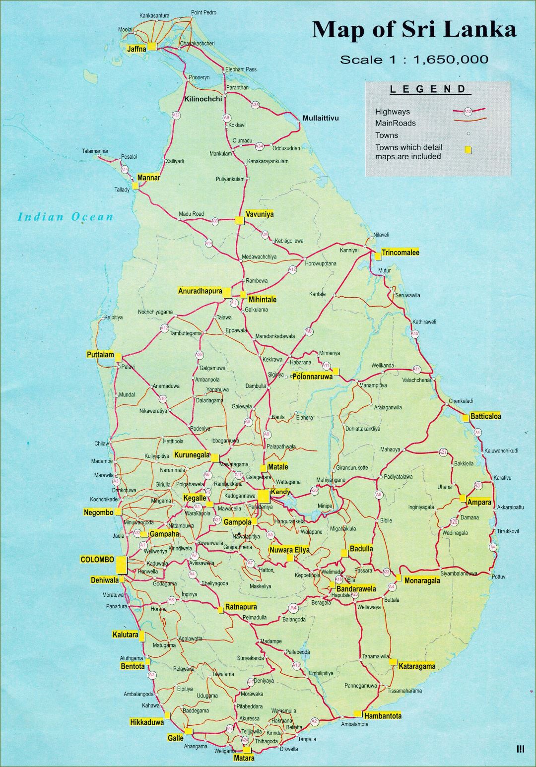 Grande detallado mapa de carreteras de Sri Lanka con ciudades
