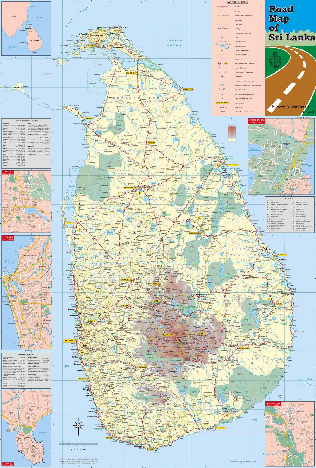 Grande detallado mapa de carreteras y elevaciones de Sri Lanka con otras marcas