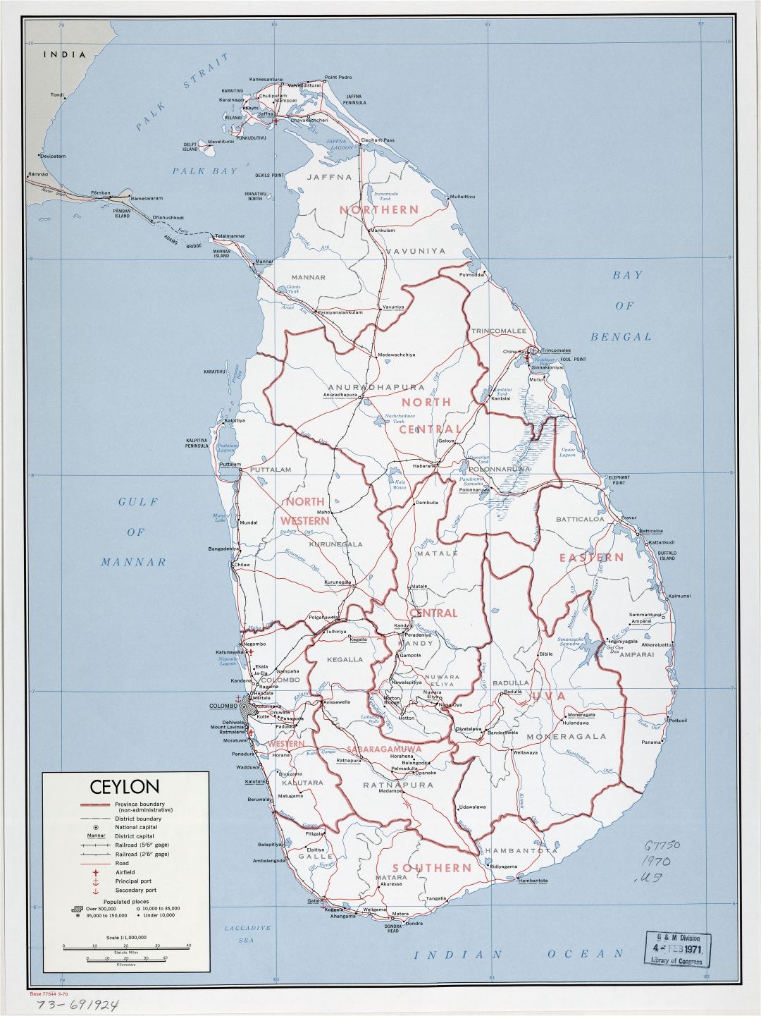 Grande detallado mapa político y administrativo de Sri Lanka (Ceilán) con carreteras, ferrocarriles, puertos, aeropuertos y ciudades - 1970