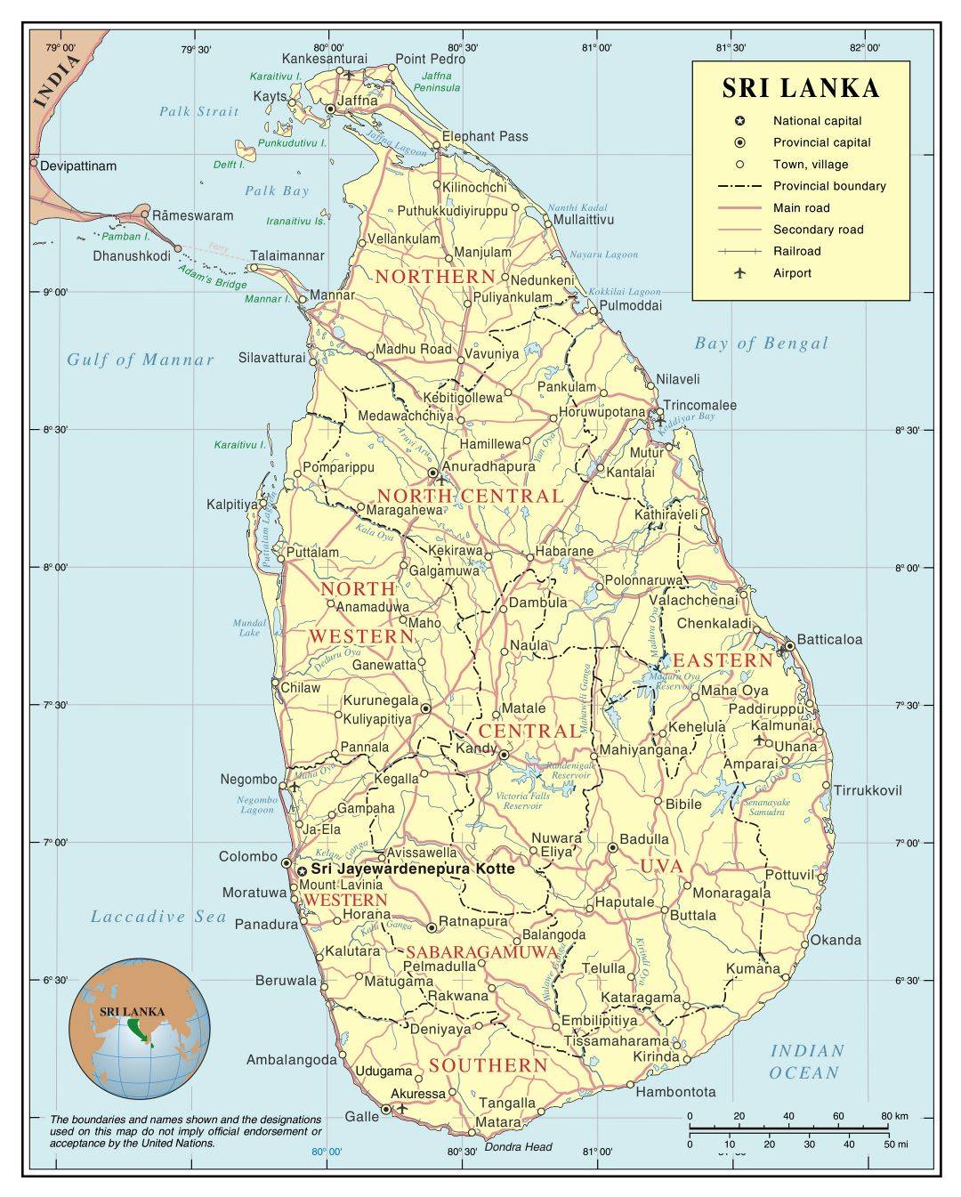 Grande detallado mapa político y administrativo de Sri Lanka con carreteras, ferrocarriles, ciudades y aeropuertos