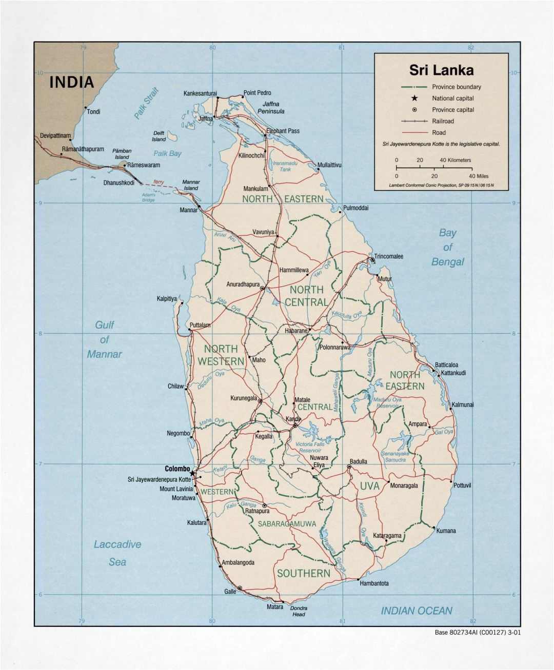 Grande detallado mapa político y administrativo de Sri Lanka con carreteras, ferrocarriles y principales ciudades - 2001