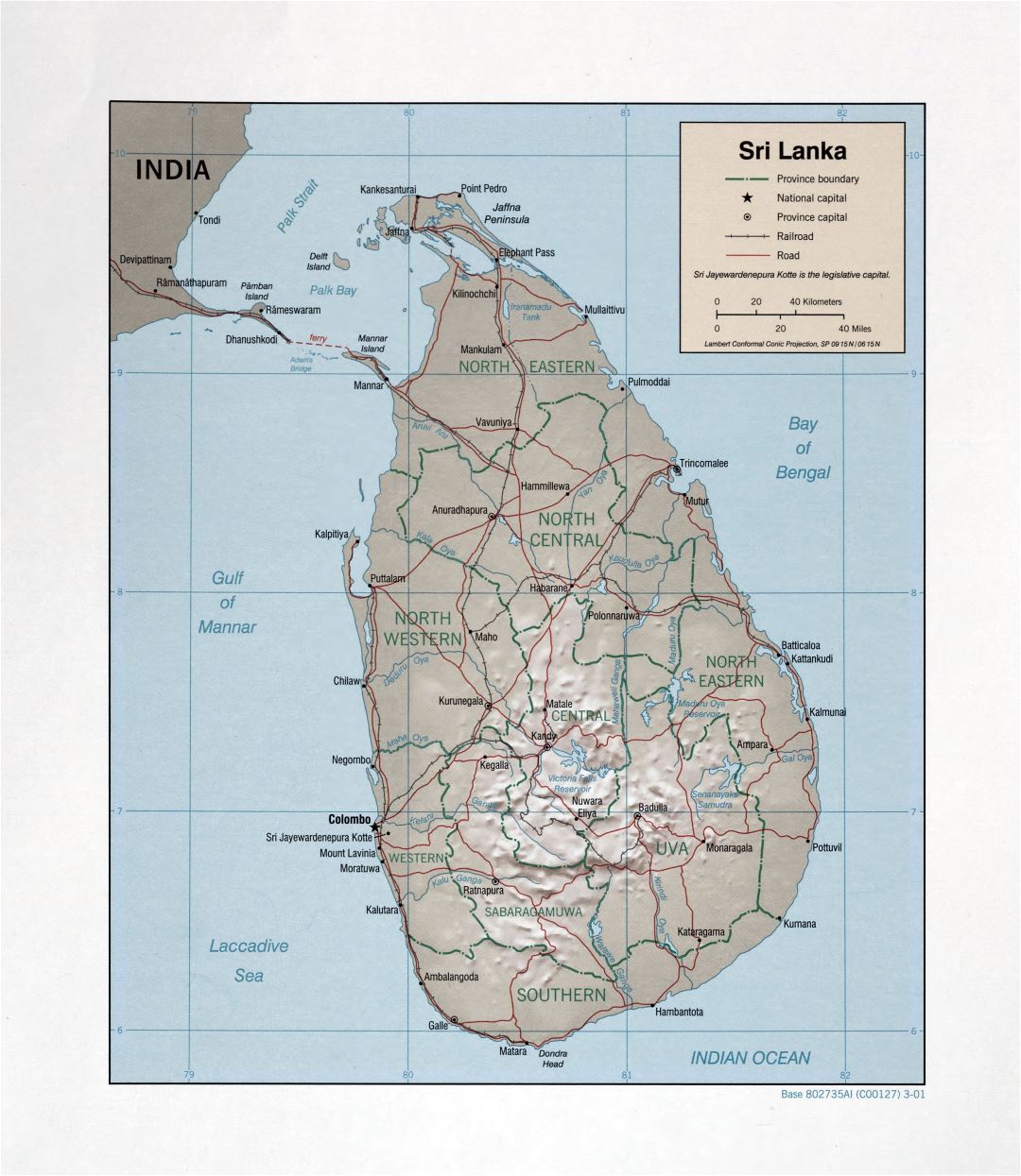 Grande detallado mapa político y administrativo de Sri Lanka con socorro, carreteras, ferrocarriles y principales ciudades - 2001