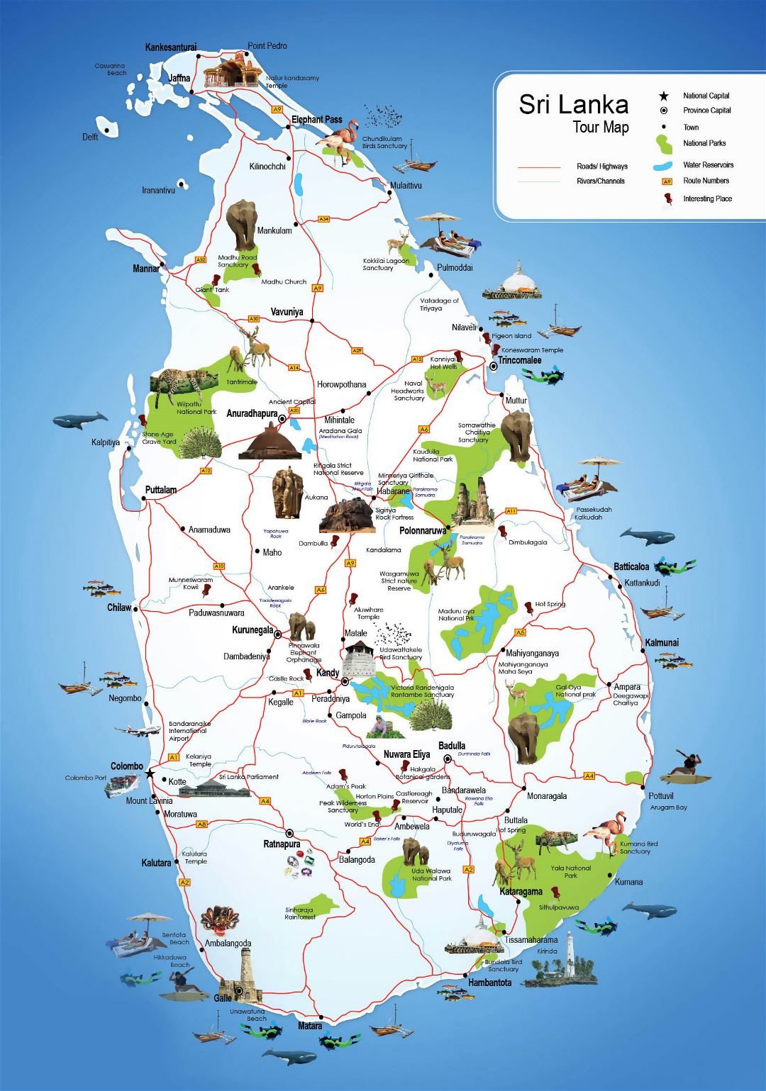 Grande detallado mapa turístico de Sri Lanka