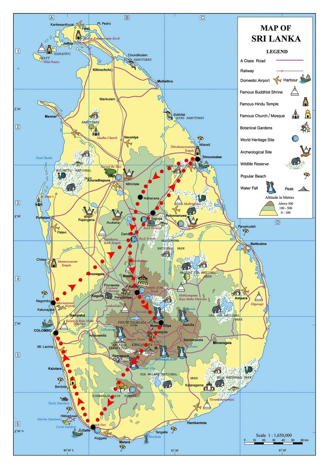 Grande elevación y viaje mapa de Sri Lanka