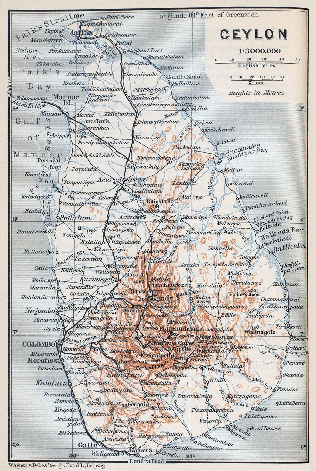 Grande mapa antiguo de Sri Lanka con carreteras, ciudades y relieve - 1914