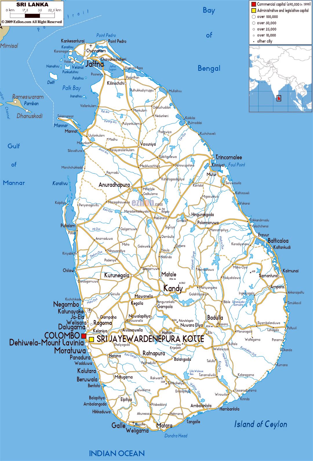 Grande mapa de carreteras de Sri Lanka con ciudades y aeropuertos