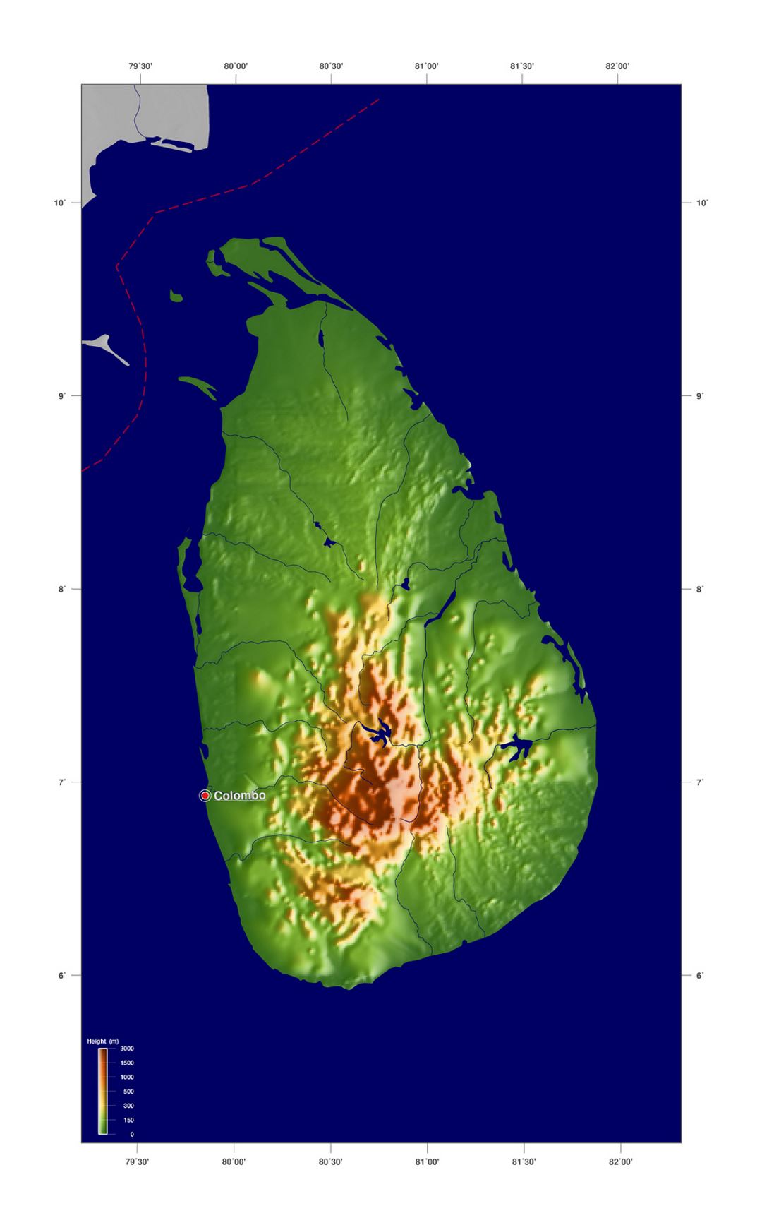 Grande mapa de elevación de Sri Lanka