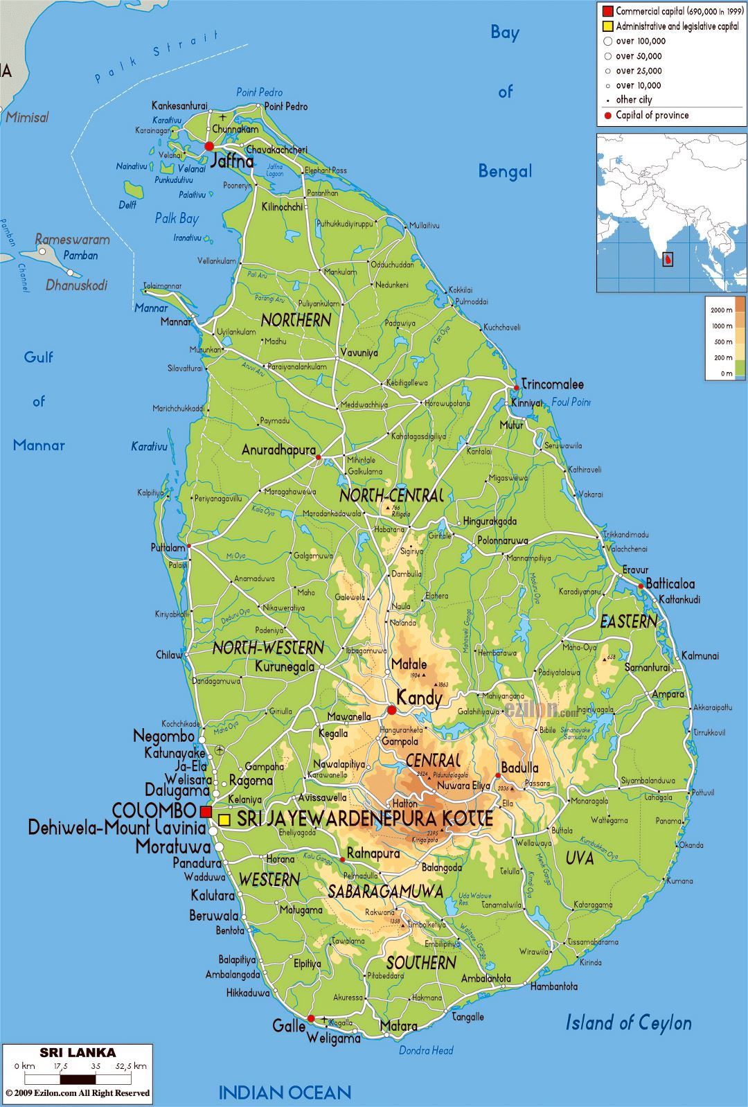 Grande mapa físico de Sri Lanka con carreteras, ciudades y aeropuertos