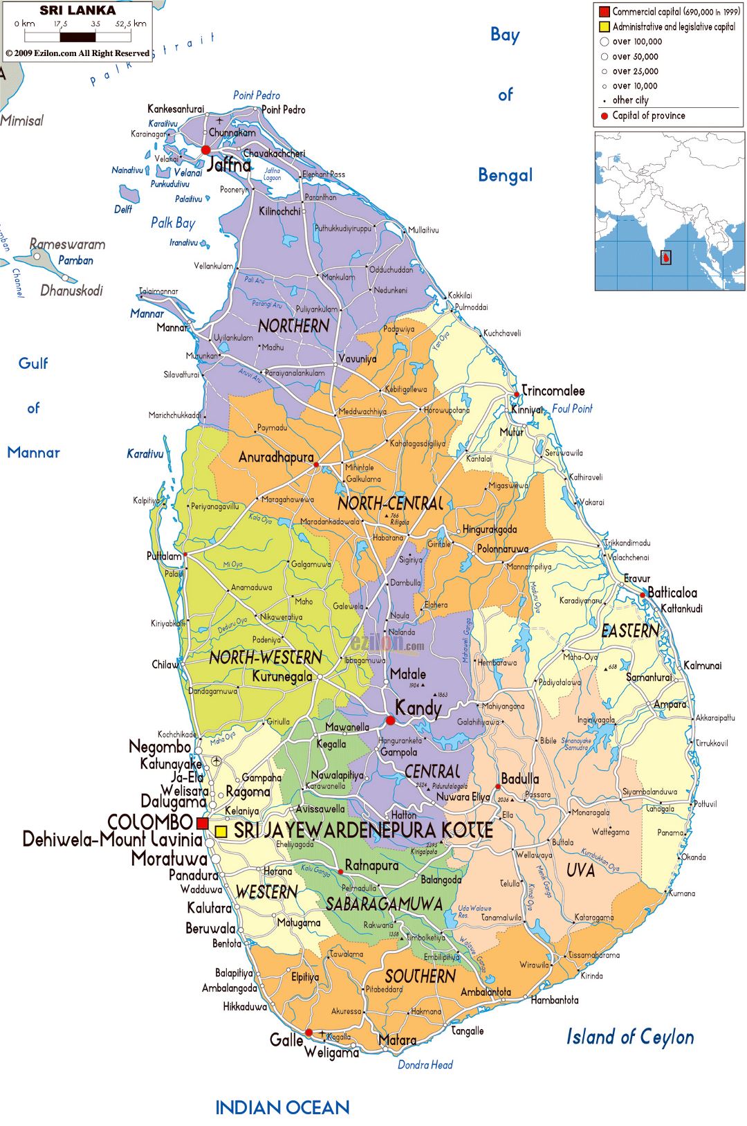 Grande mapa político y administrativo de Sri Lanka con carreteras, ciudades y aeropuertos
