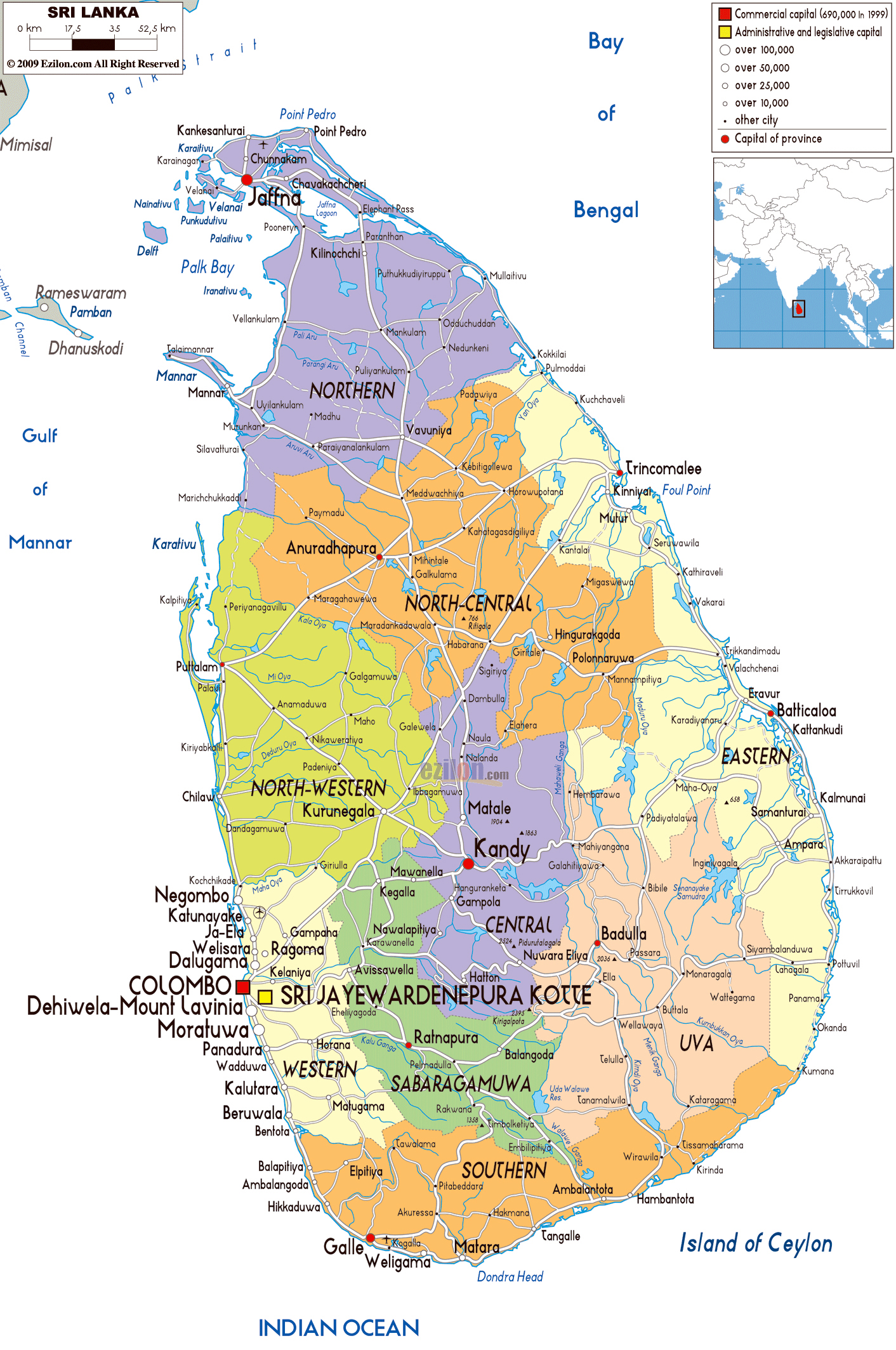 Grande mapa político y administrativo de Sri Lanka con carreteras
