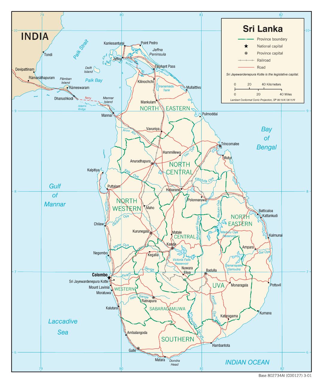 Grande mapa político y administrativo de Sri Lanka con carreteras, ferrocarriles y principales ciudades - 2001