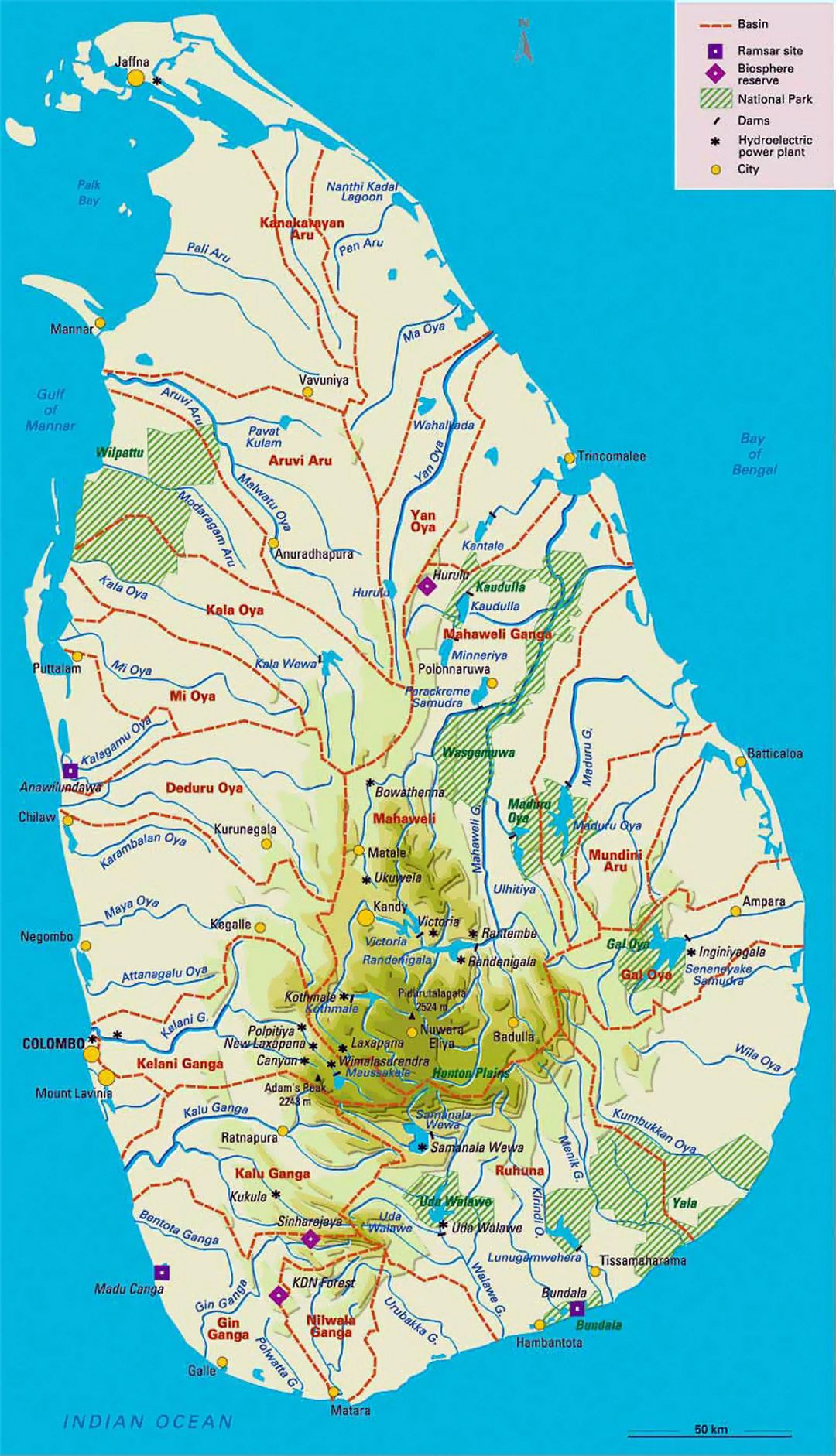 Mapa de elevación y viaje de Sri Lanka con administrativas divisiones