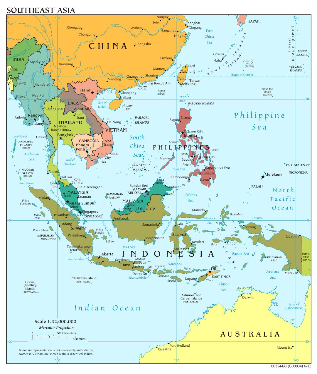 Gran escala mapa político del Sudeste de Asia - 2012