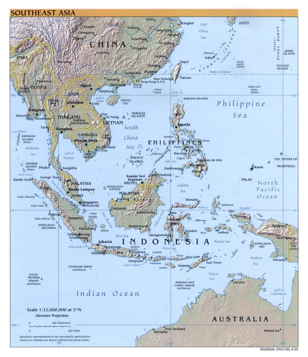Mapa grande política detallada del Sudeste de Asia con alivio - 2000