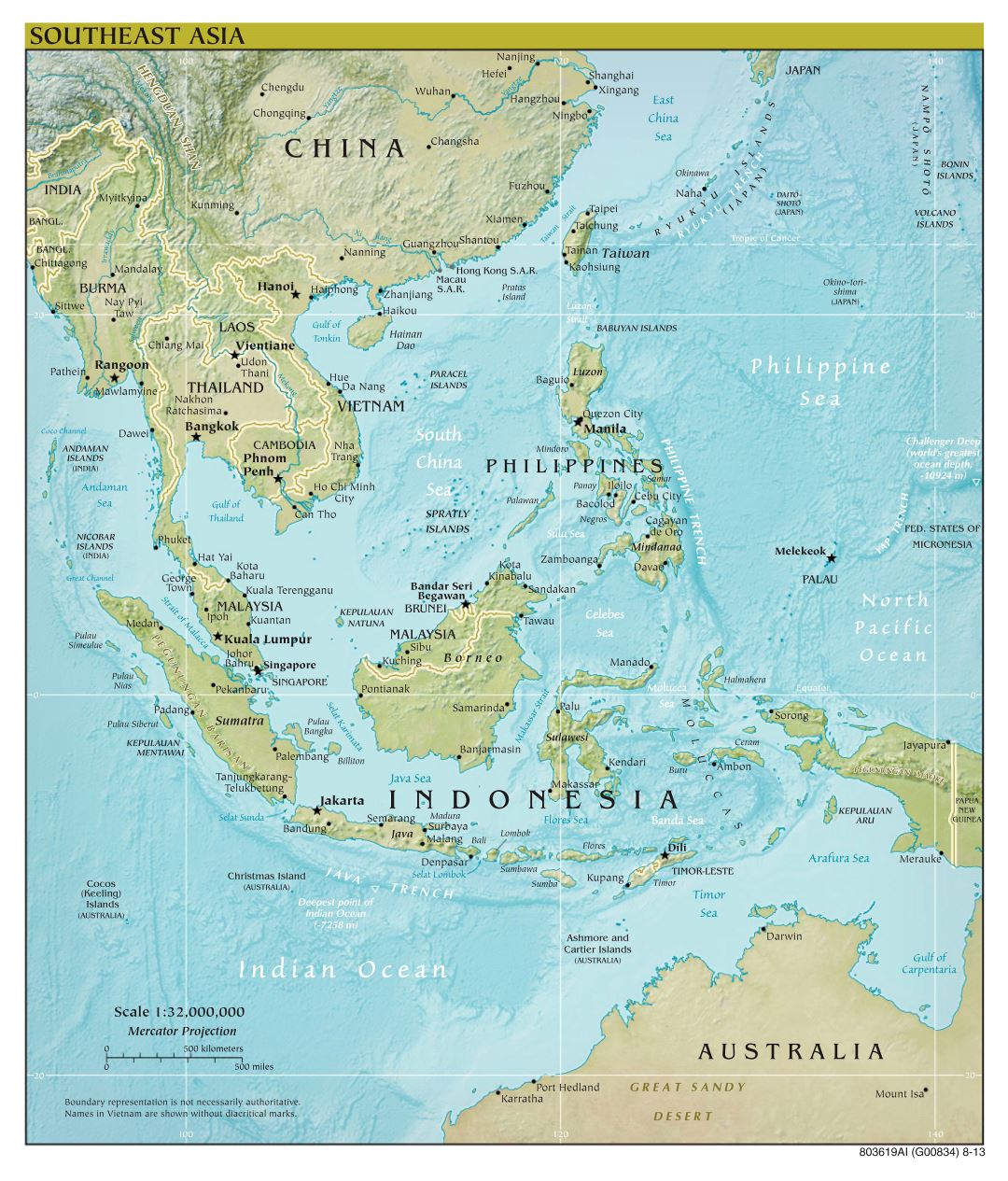 Mapa político a gran escala del Sudeste de Asia, con alivio, las capitales y principales ciudades - 2013