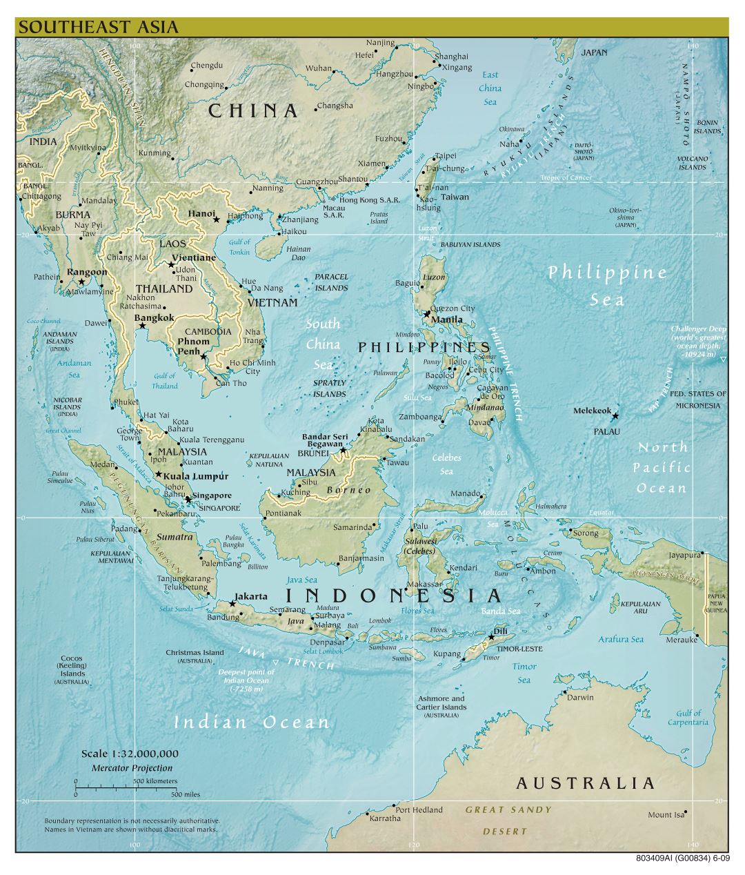 Mapa político a gran escala del Sudeste de Asia con alivio y capitales - 2009