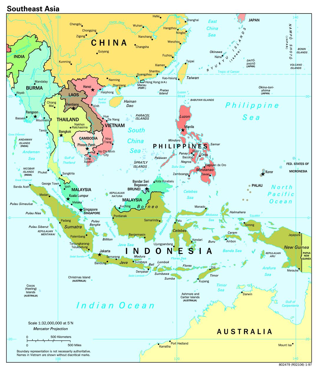 Mapa político a gran escala del Sudeste de Asia con capitales - 1997