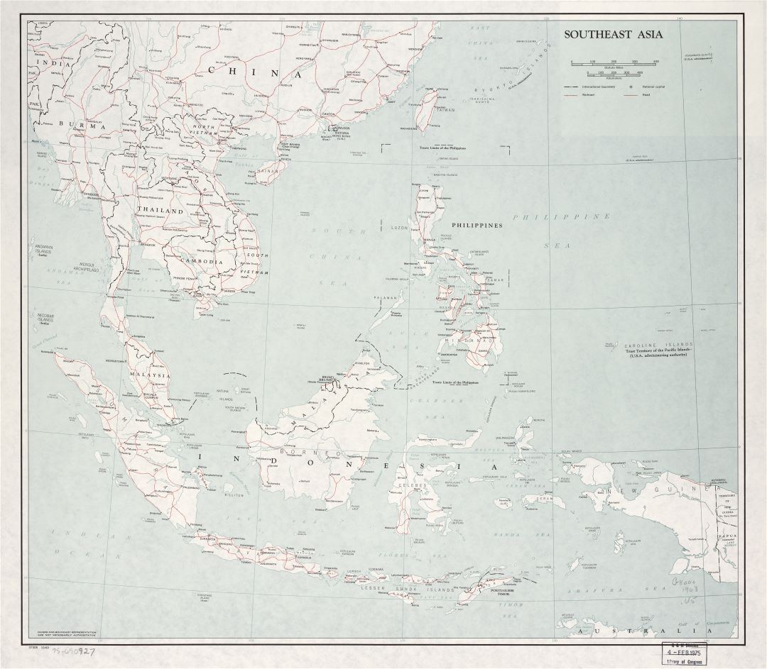 Mapa político a gran escala del Sudeste de Asia, con carreteras, ferrocarriles y las principales ciudades - 1963