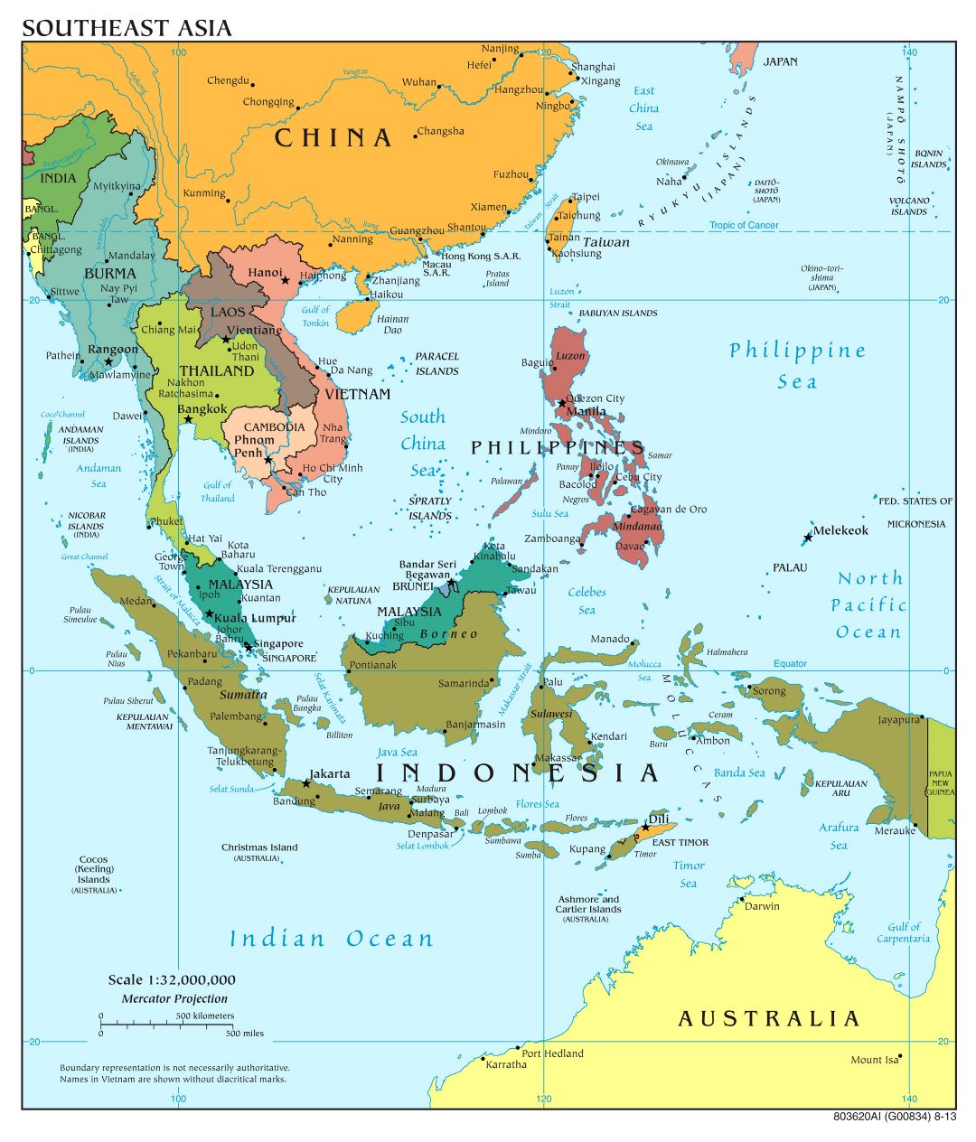 Mapa político a gran escala del Sudeste de Asia con las capitales y principales ciudades - 2013