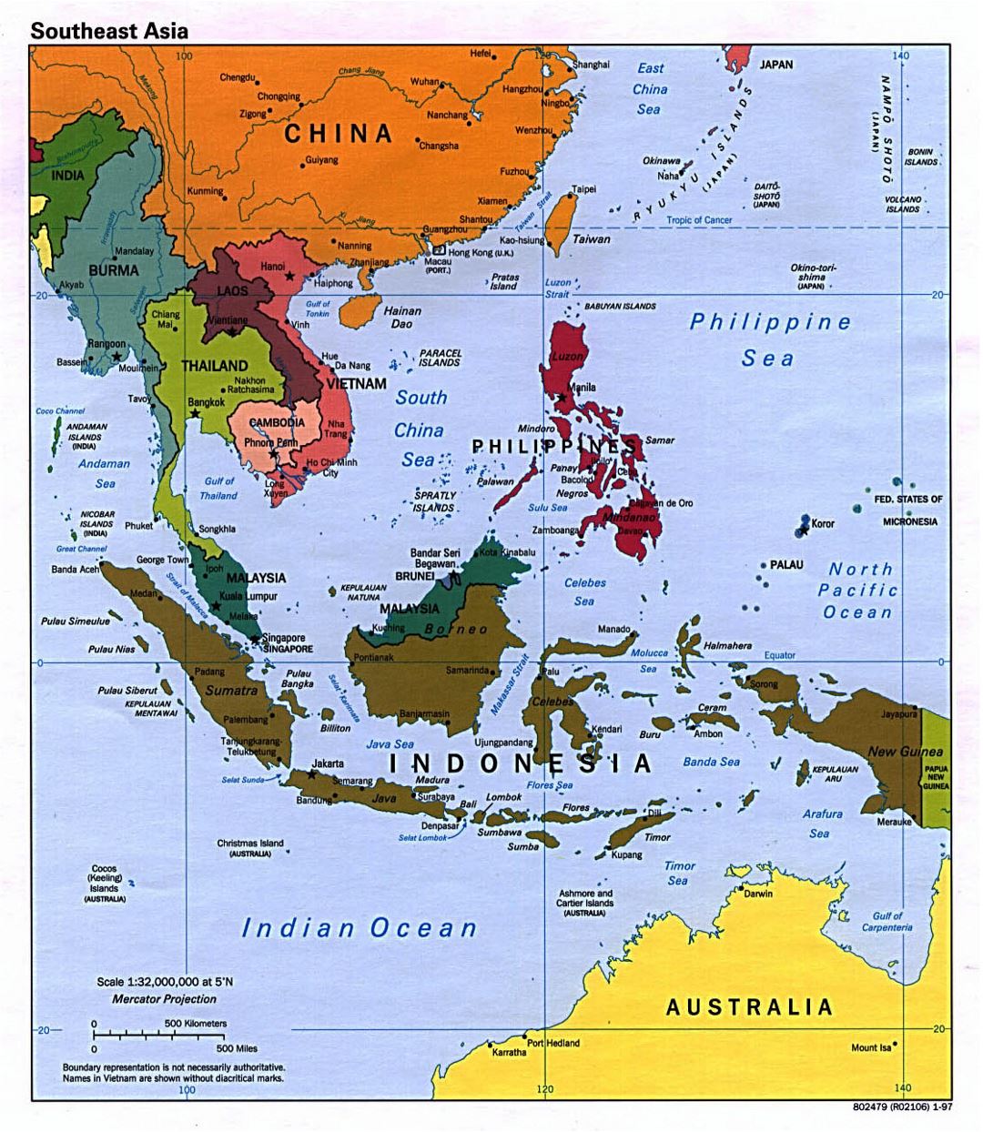 Mapa político detallada del Sudeste Asiático con capitales - 1997