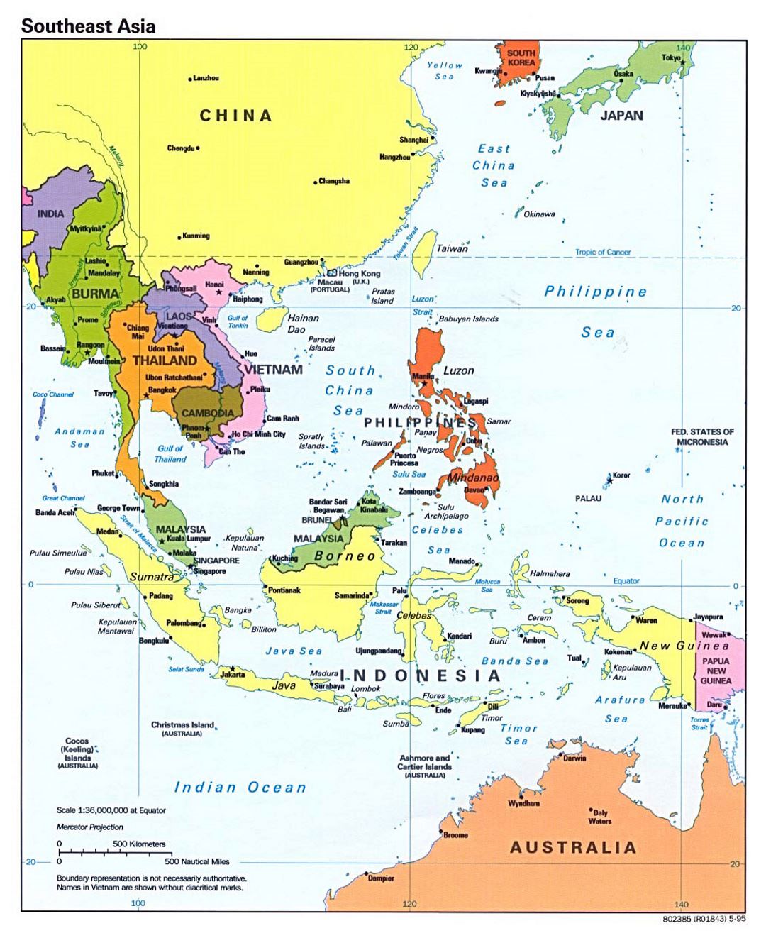 Mapa político detallada del sudeste asiático con las capitales y principales ciudades - 1995