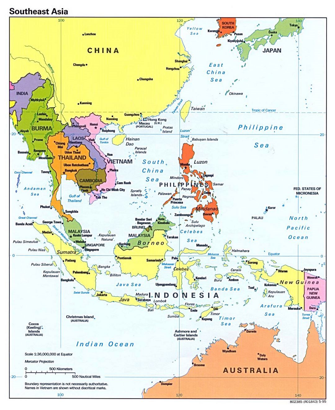 Mapa político detallada del sudeste asiático con las capitales y principales ciudades - 1995