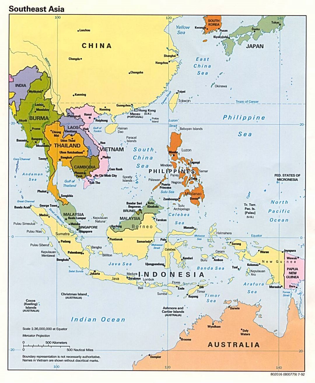 Mapa político detallada del Sudeste de Asia - 1992
