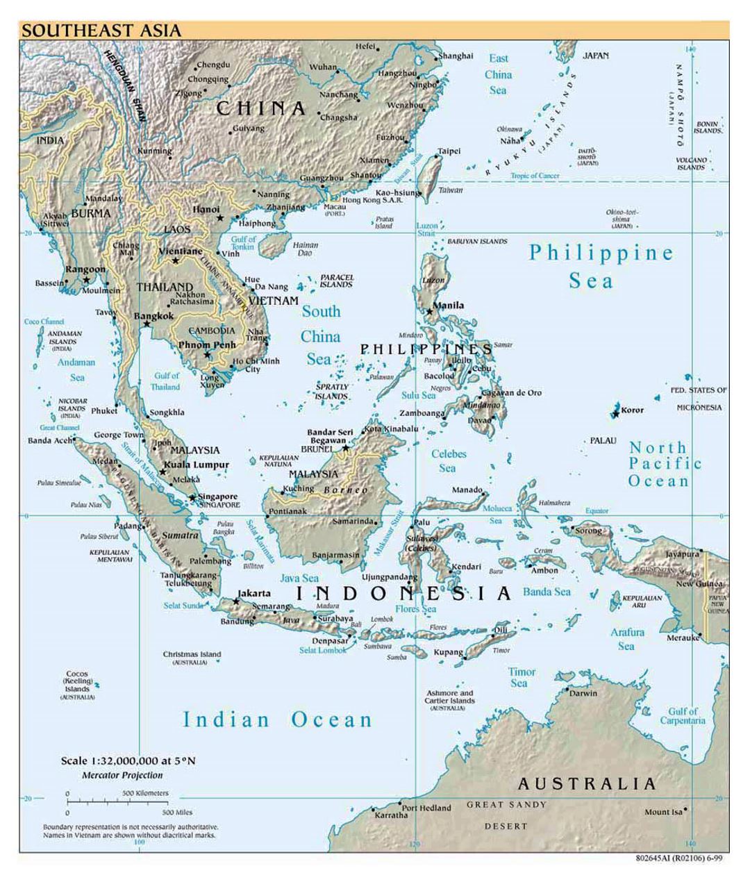 Mapa político detallada del Sudeste de Asia con alivio - 1999