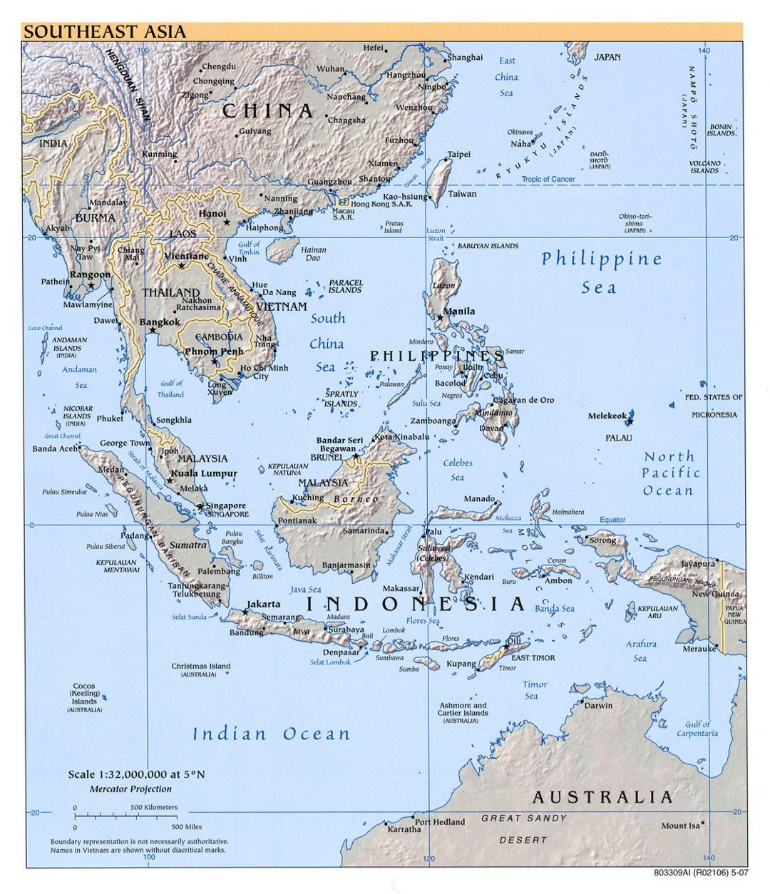 Mapa político detallada del Sudeste de Asia con alivio - 2007