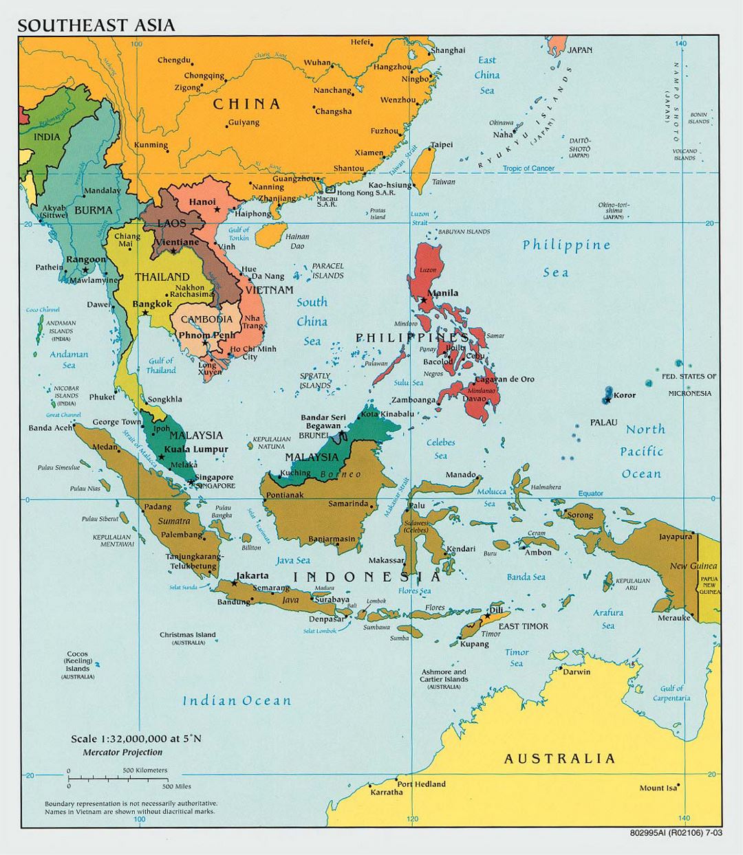 Mapa político grande del sudeste asiático con capitales - 2003