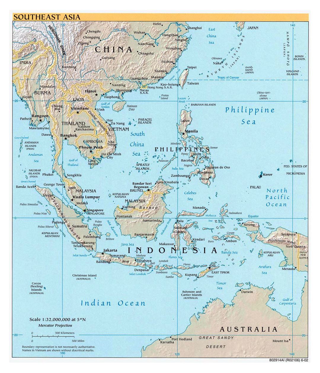 Mapa político grande del sudeste asiático con relieve, las capitales y principales ciudades - 2002