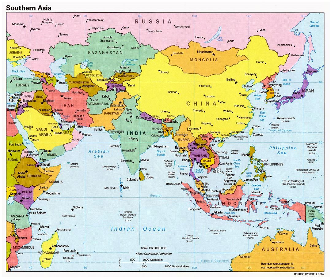 Mapa político detallada del Sur de Asia con las capitales y principales ciudades - 1994