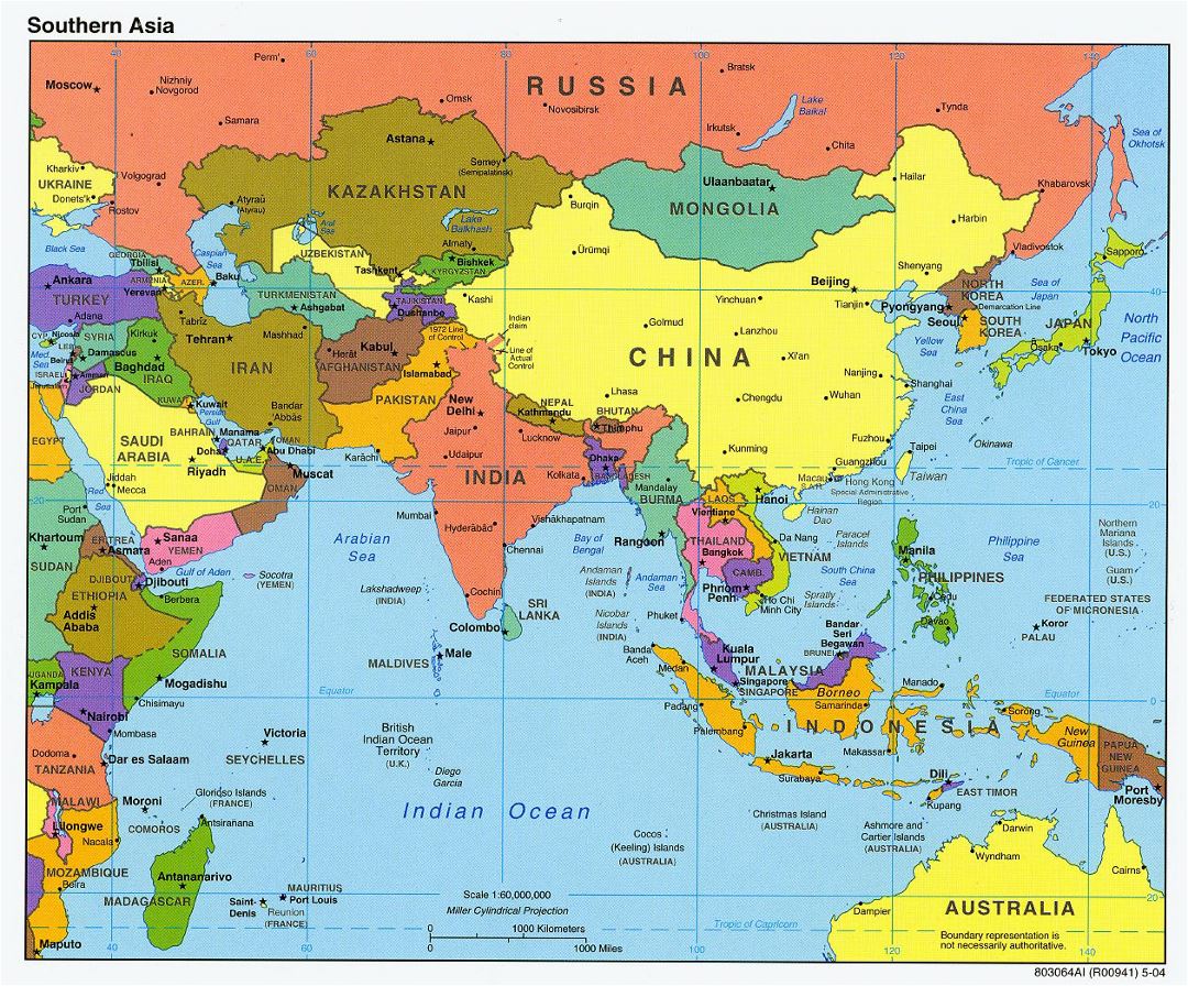 Mapa político detallada del Sur de Asia con las capitales y principales ciudades - 2004