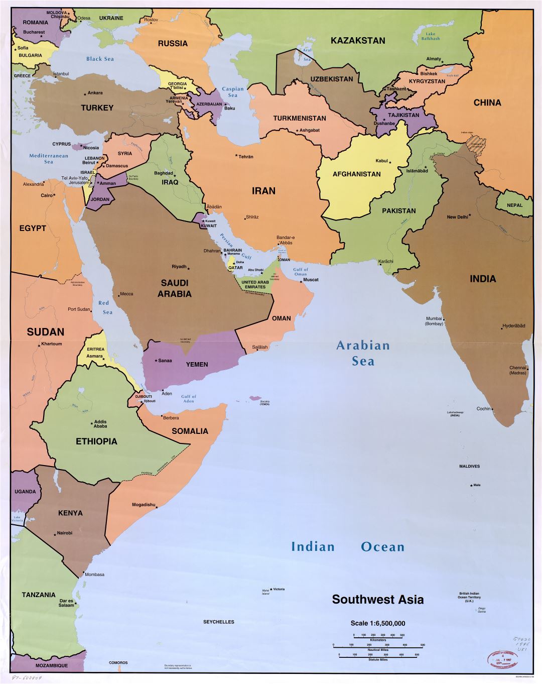 Mapa político a gran escala de Sudoeste de Asia con capitales - 1996