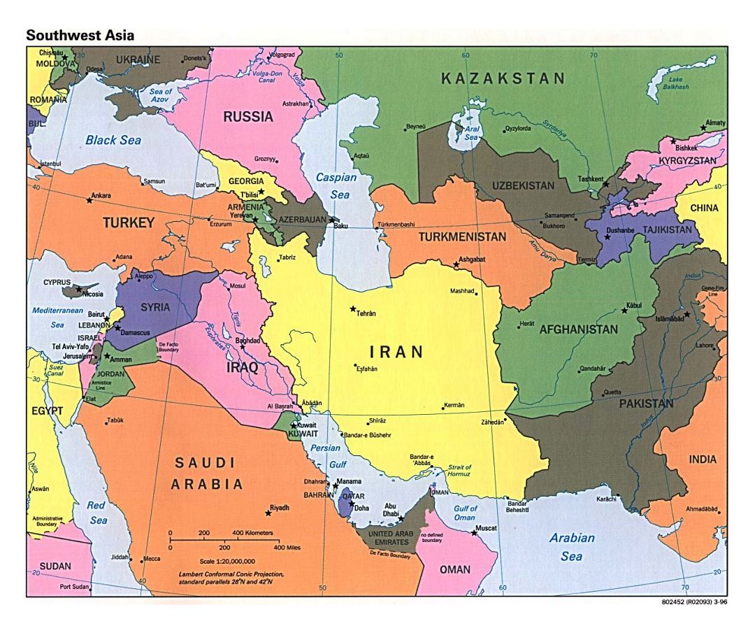 Mapa político grande del Sudoeste de Asia con las capitales y principales ciudades - 1996