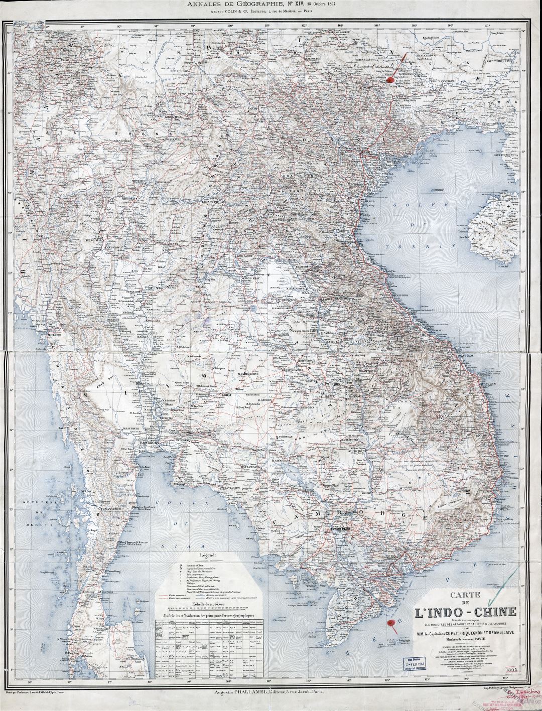 A gran escala detallado mapa antiguo de Indochina - 1895