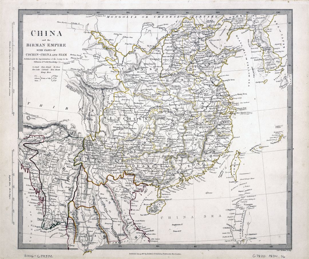 A gran escala mapa antiguo de China y Imperio Birman con partes de Cochin China y Siam - 1834