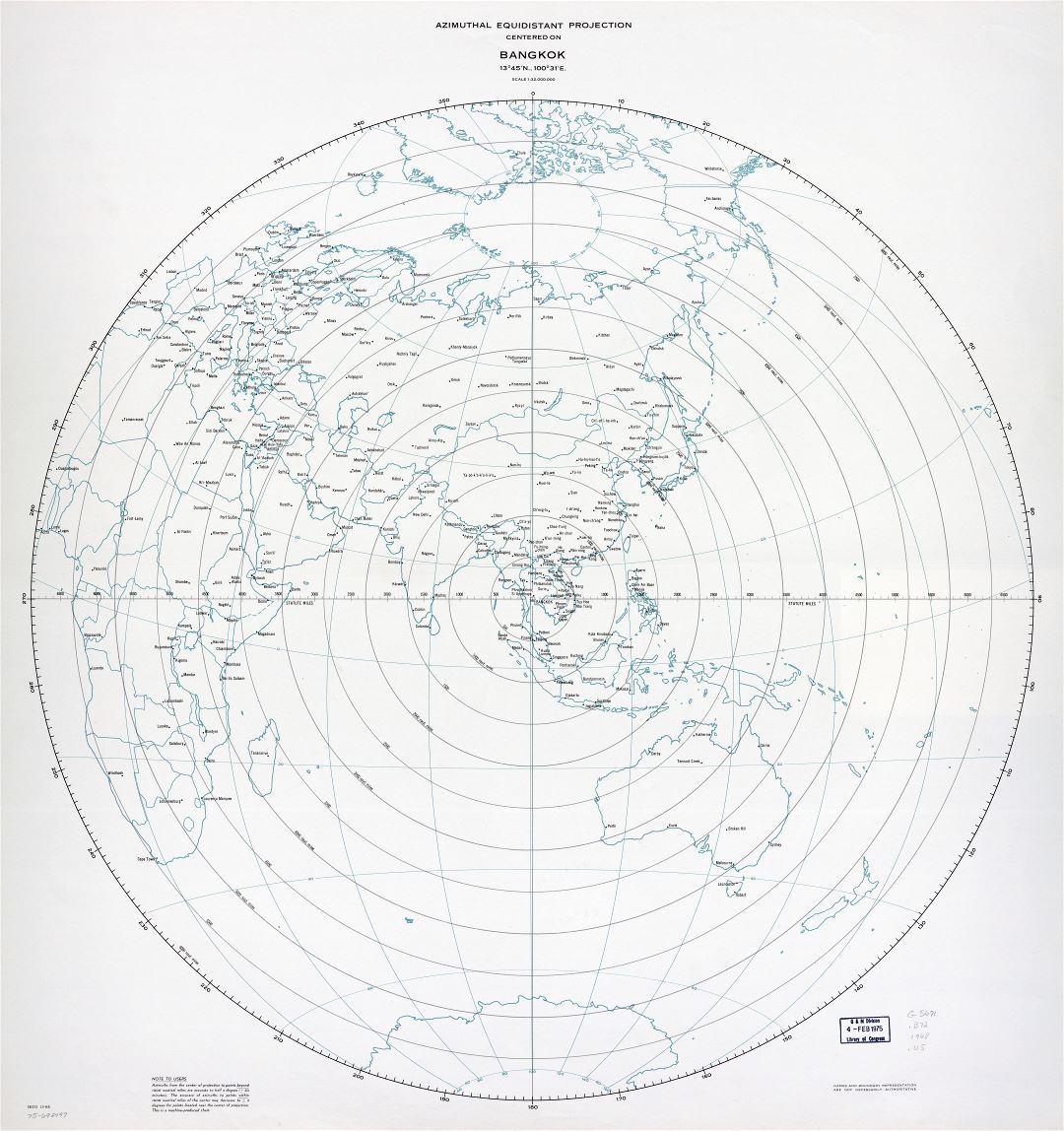 A gran escala mapa de proyección equidistante azimutal centrado en Bangkok - 1968